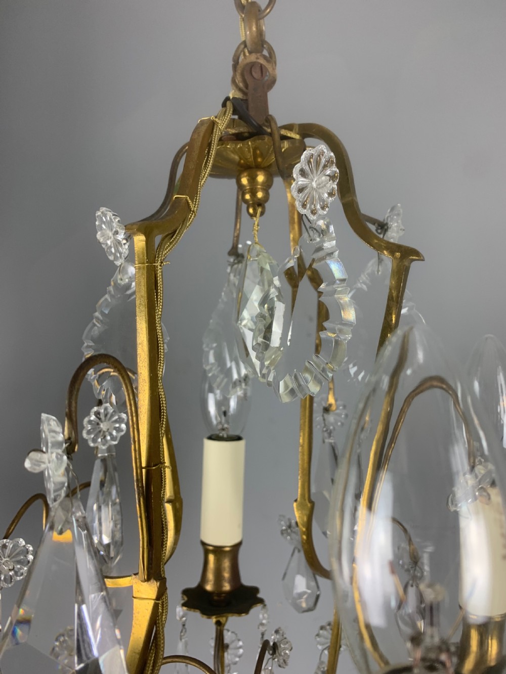 Small French Antique Gilt Brass Birdcage Crystal Chandelier  View VI