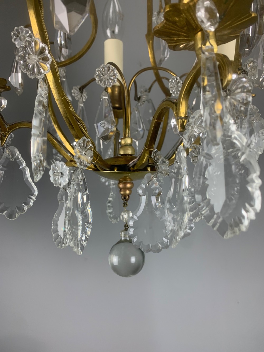 Small French Antique Gilt Brass Birdcage Crystal Chandelier  View X