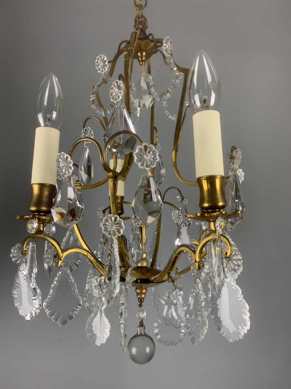 Small French Antique Gilt Brass Birdcage Crystal Chandelier  View XI