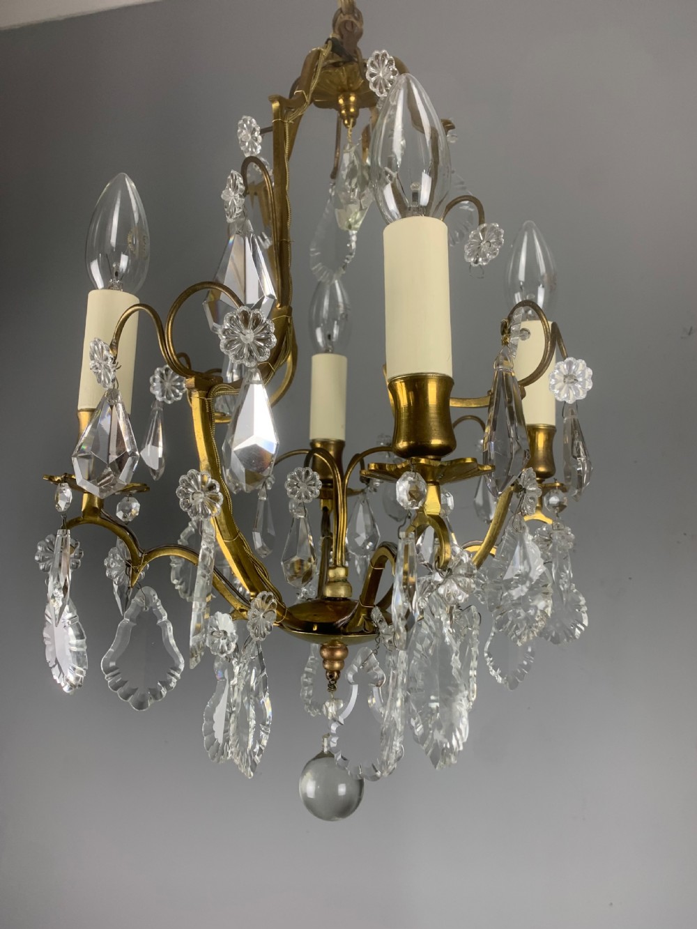 Small French Antique Gilt Brass Birdcage Crystal Chandelier  View XII