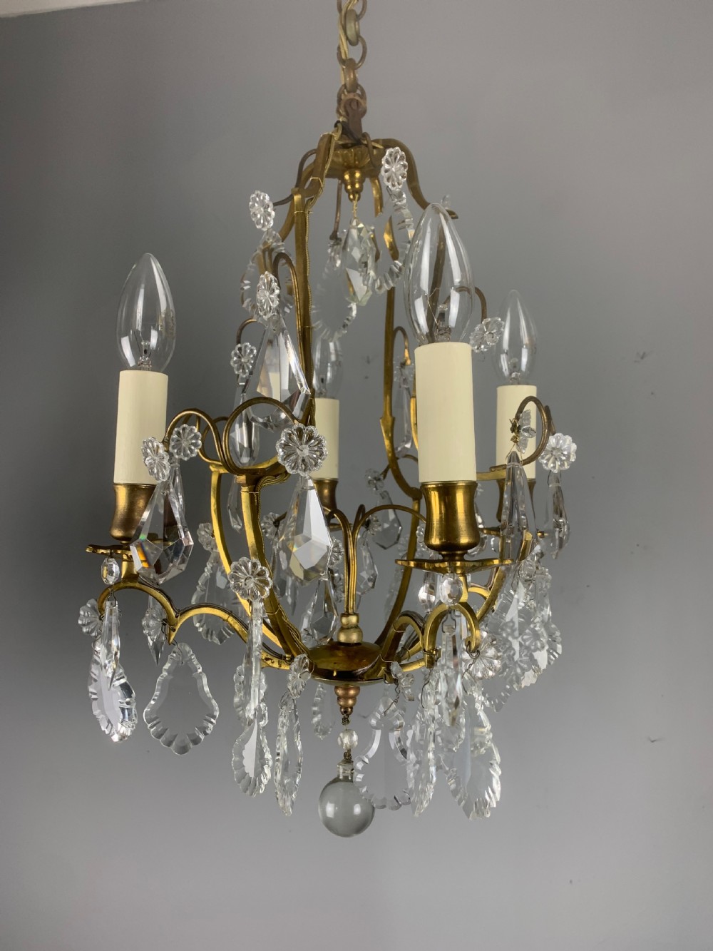 Small French Antique Gilt Brass Birdcage Crystal Chandelier  View XIII