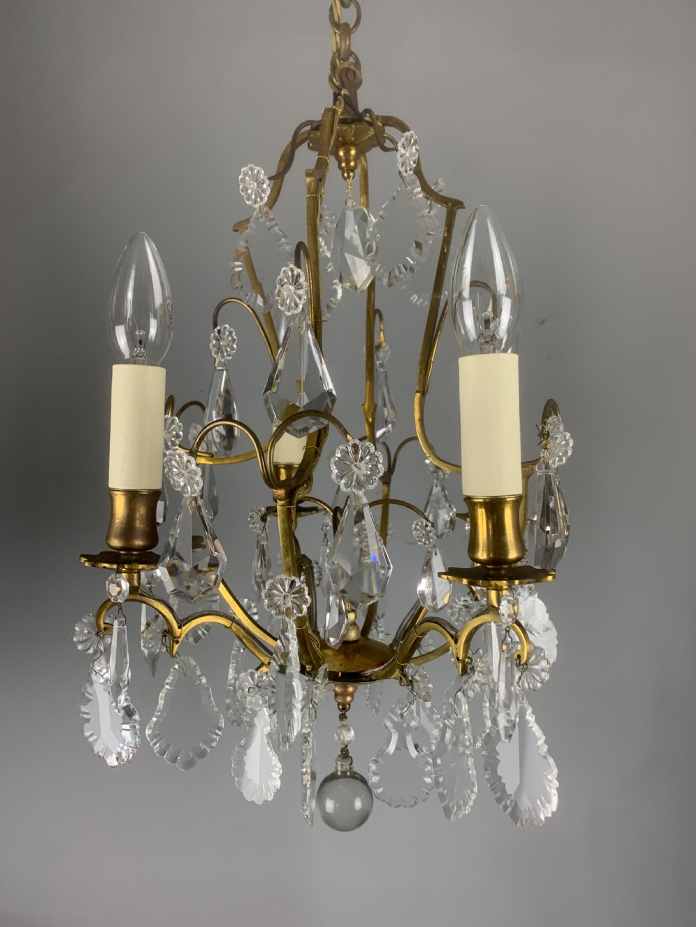 Small French Antique Gilt Brass Birdcage Crystal Chandelier  View XIV