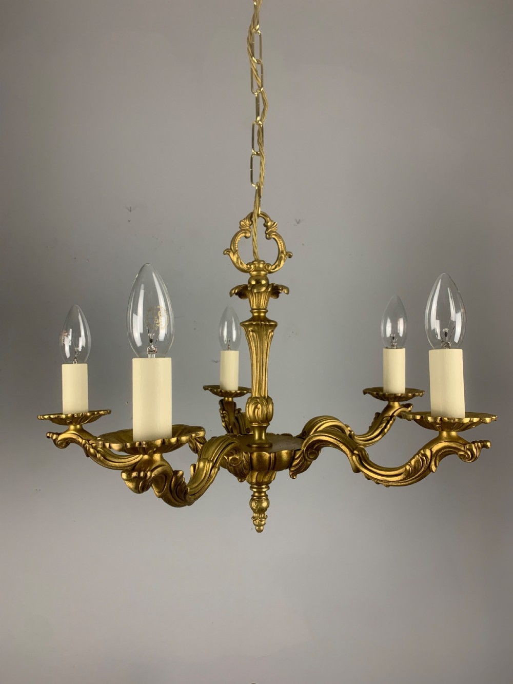 French Gilded Brass 5 Light Antique Chandelier