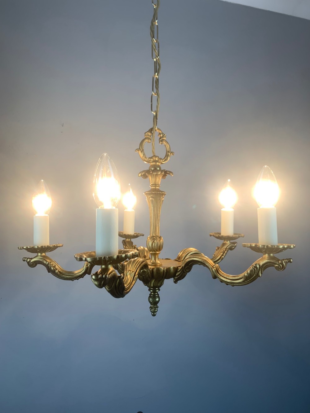 French Gilded Brass 5 Light Antique Chandelier View VII