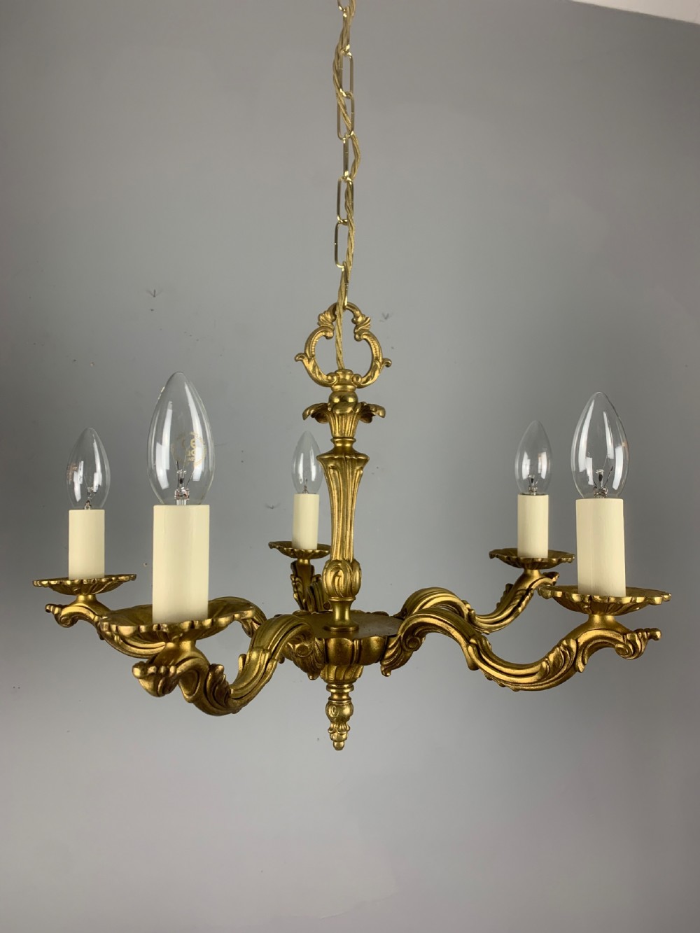 French Gilded Brass 5 Light Antique Chandelier View VIII