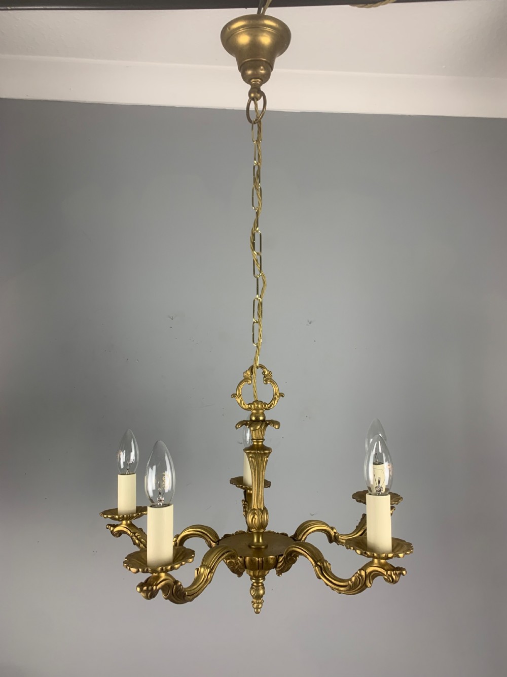 French Gilded Brass 5 Light Antique Chandelier View IX