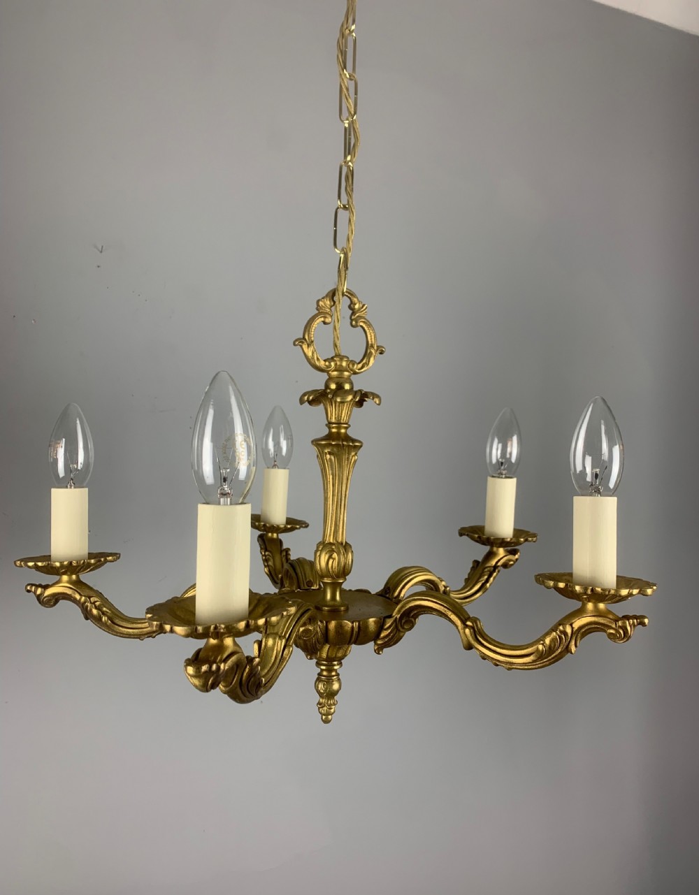 French Gilded Brass 5 Light Antique Chandelier View XI