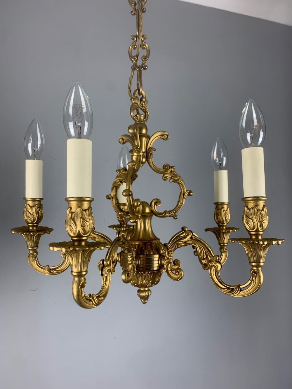 French Gilded Brass 5 Light Antique Chandelier