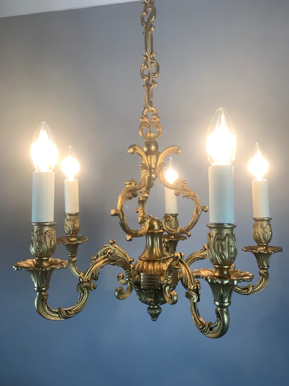 French Gilded Brass 5 Light Antique Chandelier View V