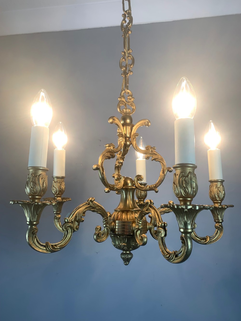 French Gilded Brass 5 Light Antique Chandelier View VII