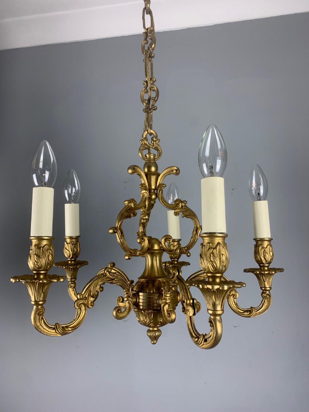 French Gilded Brass 5 Light Antique Chandelier View VIII