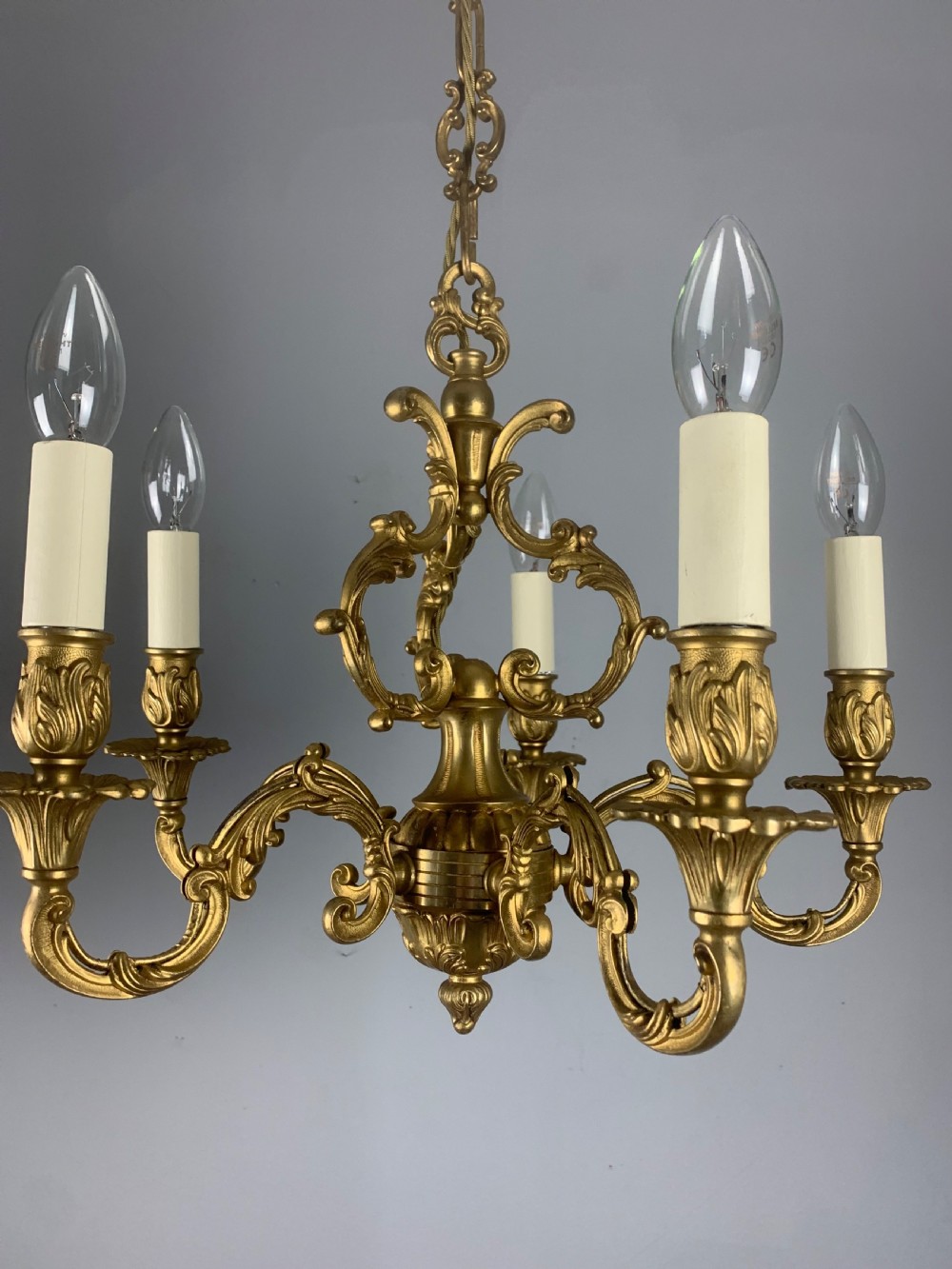 French Gilded Brass 5 Light Antique Chandelier View XI