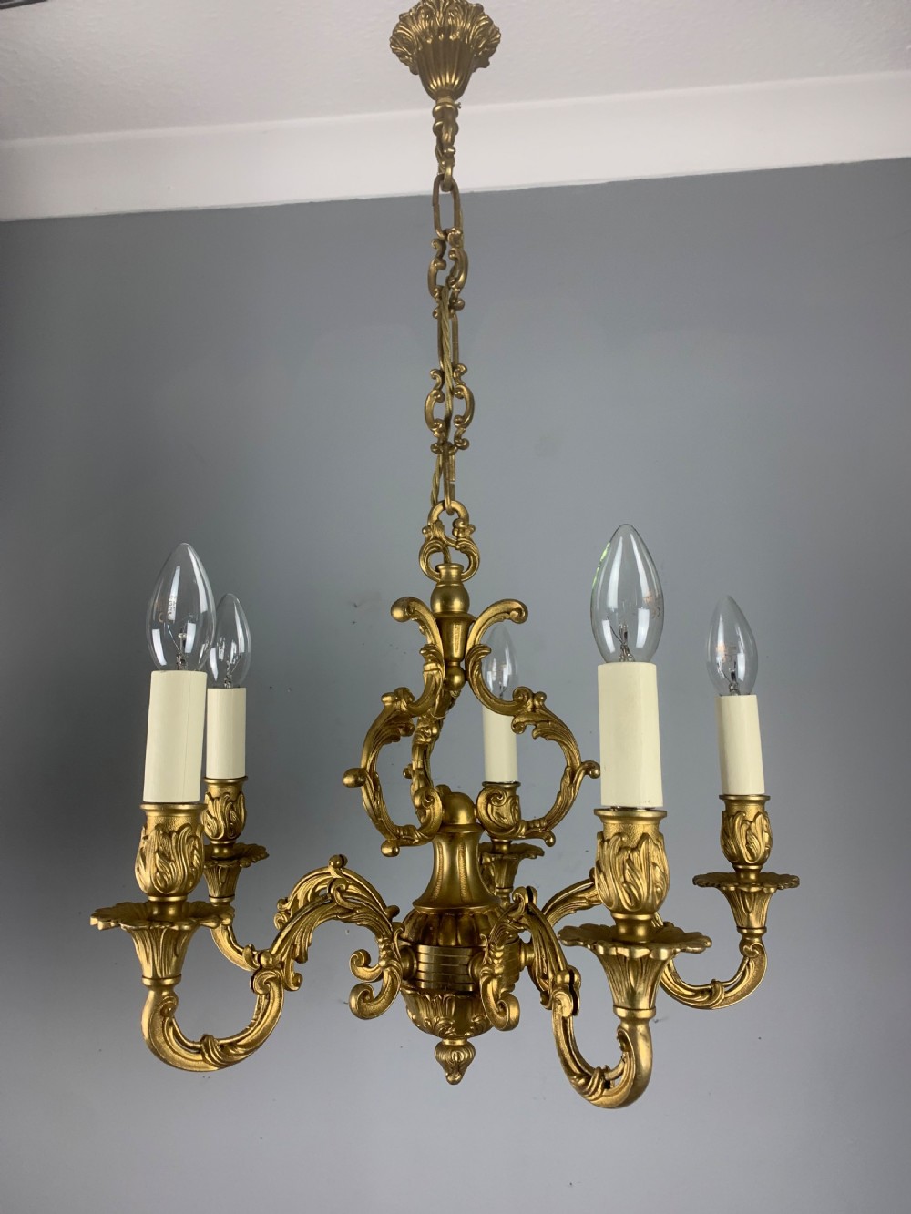 French Gilded Brass 5 Light Antique Chandelier View XV