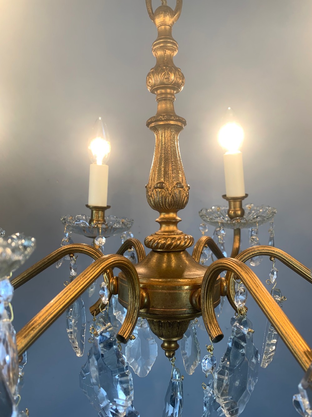 French Gilded Brass 6 Light Antique Crystal Chandelier View II
