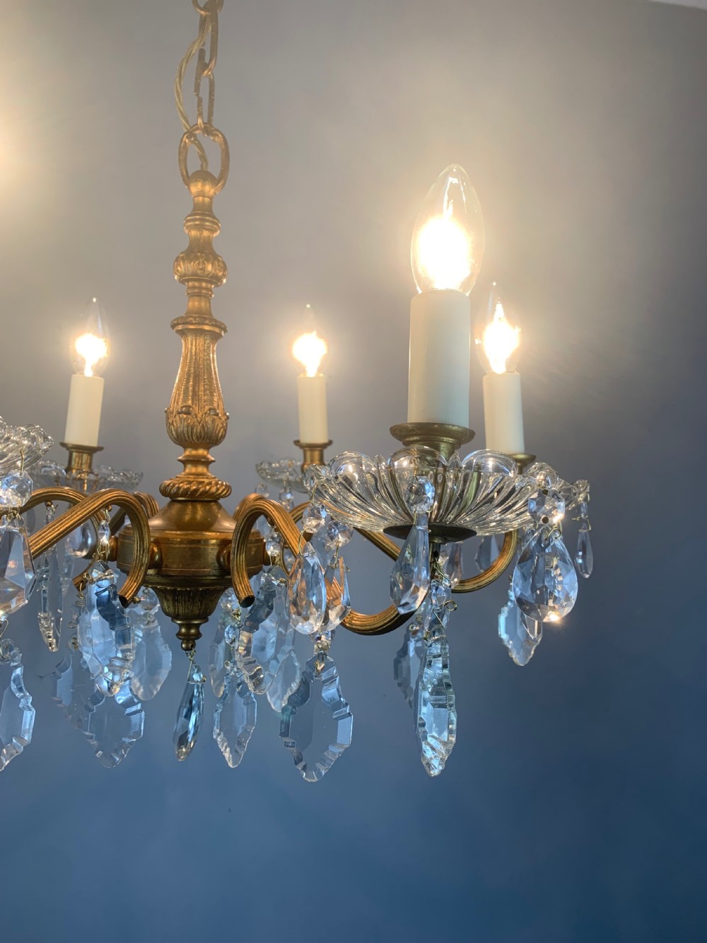 French Gilded Brass 6 Light Antique Crystal Chandelier View IV