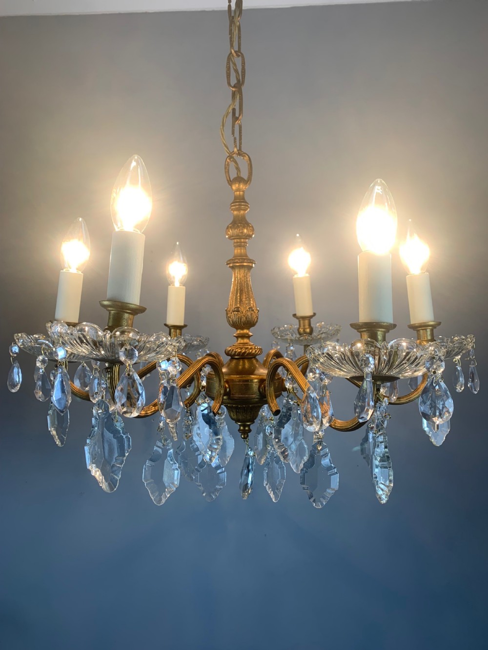 French Gilded Brass 6 Light Antique Crystal Chandelier View V