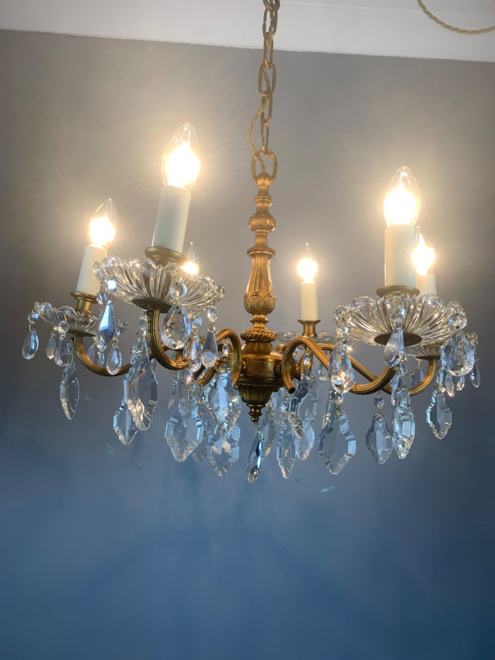 French Gilded Brass 6 Light Antique Crystal Chandelier View VI