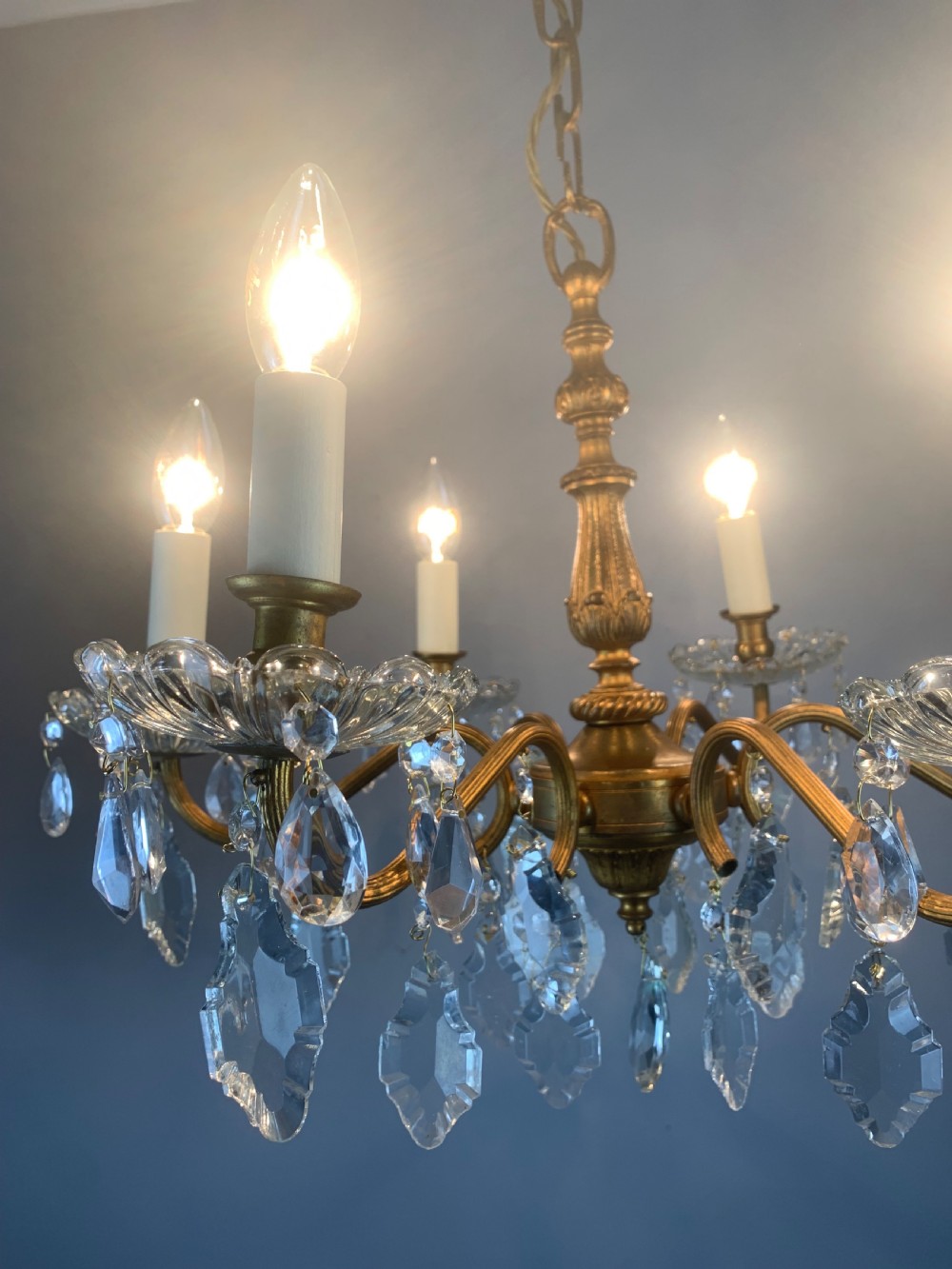 French Gilded Brass 6 Light Antique Crystal Chandelier View VII