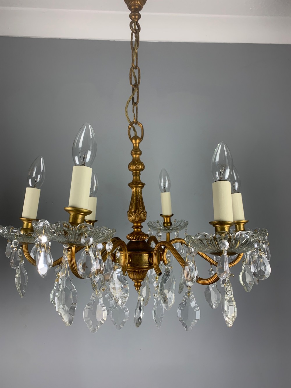 French Gilded Brass 6 Light Antique Crystal Chandelier View IX