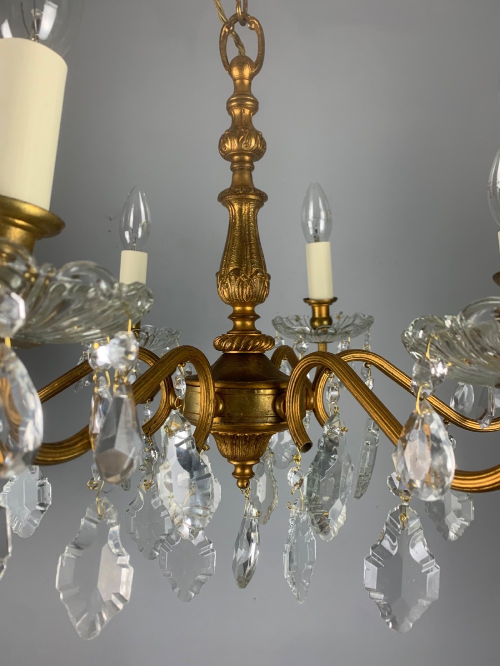 French Gilded Brass 6 Light Antique Crystal Chandelier View X