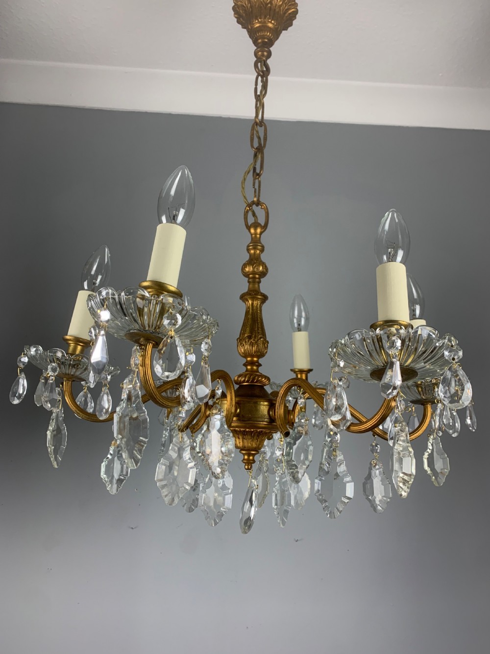 French Gilded Brass 6 Light Antique Crystal Chandelier View XII