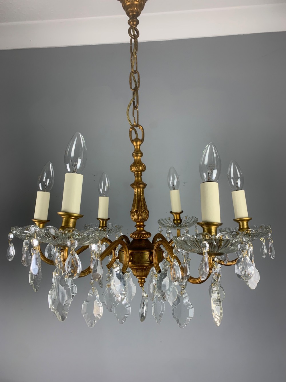 French Gilded Brass 6 Light Antique Crystal Chandelier View XIII