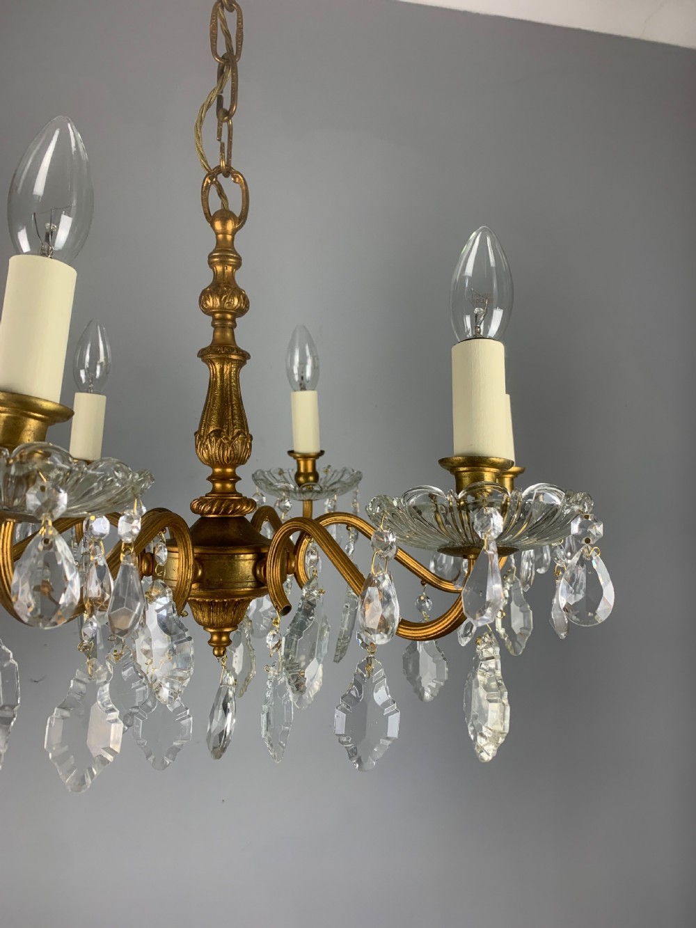 French Gilded Brass 6 Light Antique Crystal Chandelier View XIV