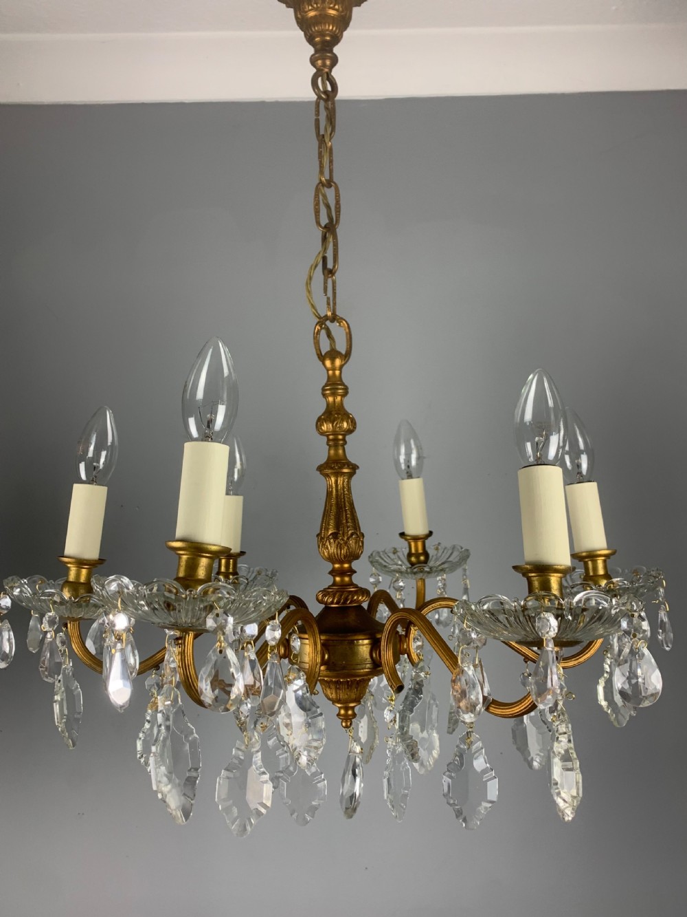 French Gilded Brass 6 Light Antique Crystal Chandelier View XV