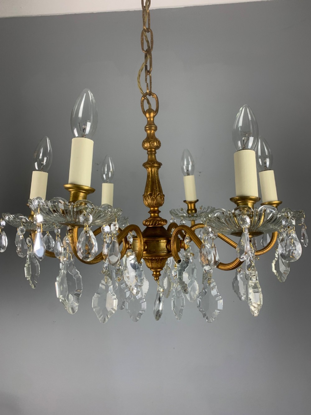 French Gilded Brass 6 Light Antique Crystal Chandelier View XVI