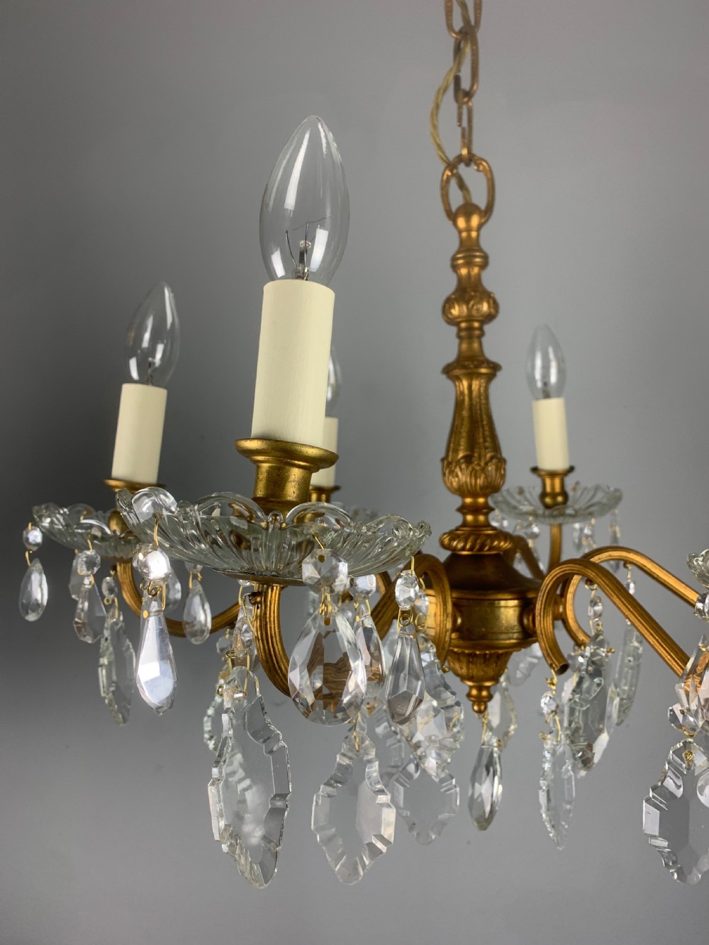 French Gilded Brass 6 Light Antique Crystal Chandelier View XVII