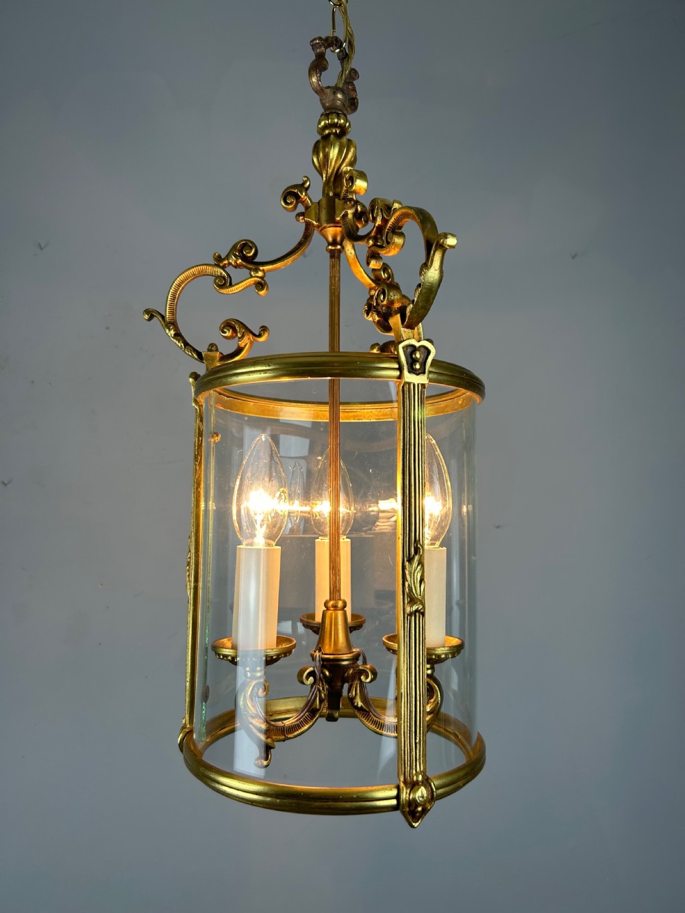 French Gilt Brass Triple Light Antique Lantern  View V