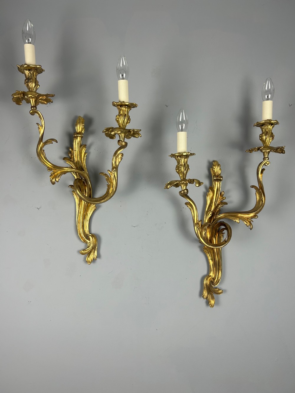 Extra Large Pair of French Gilt Brass Twin Light Antique Wall Lights 