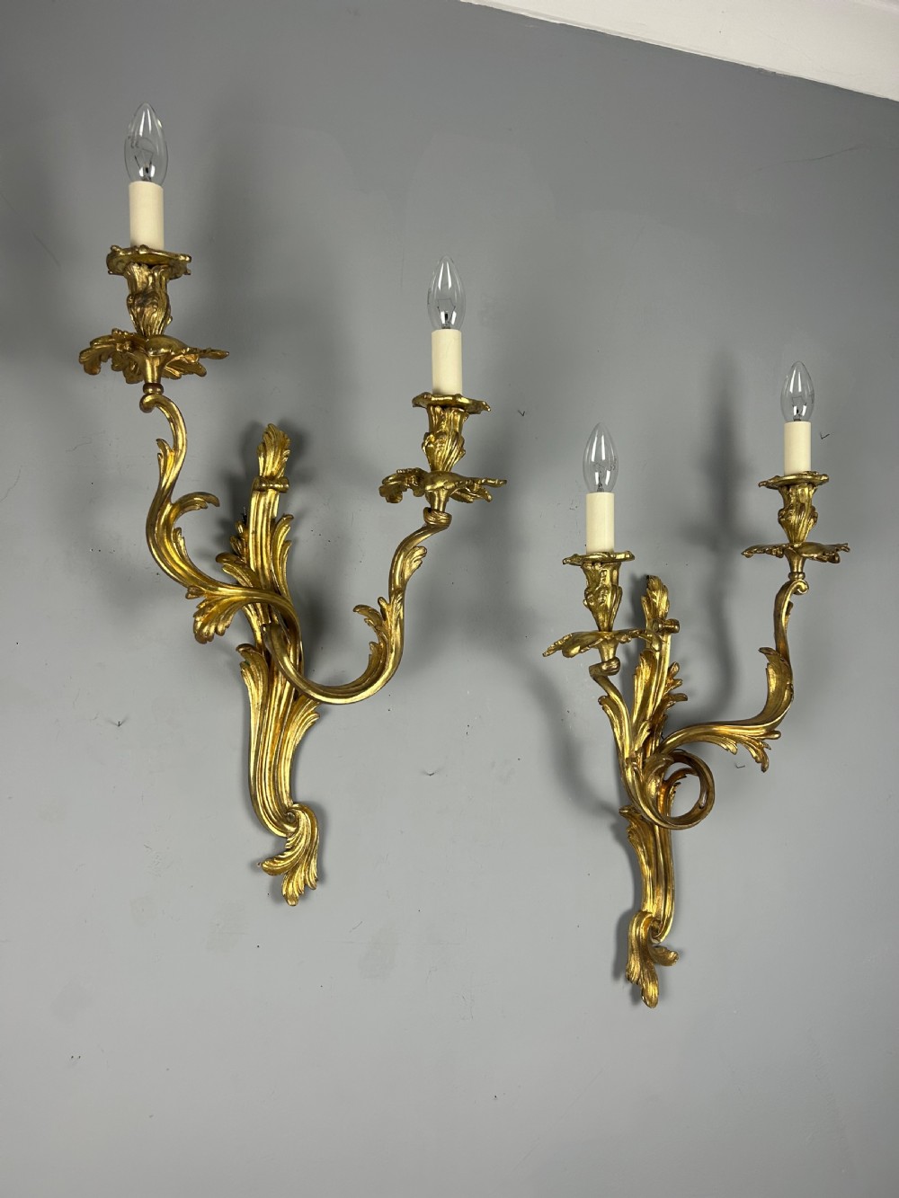 Extra Large Pair of French Gilt Brass Twin Light Antique Wall Lights  View II