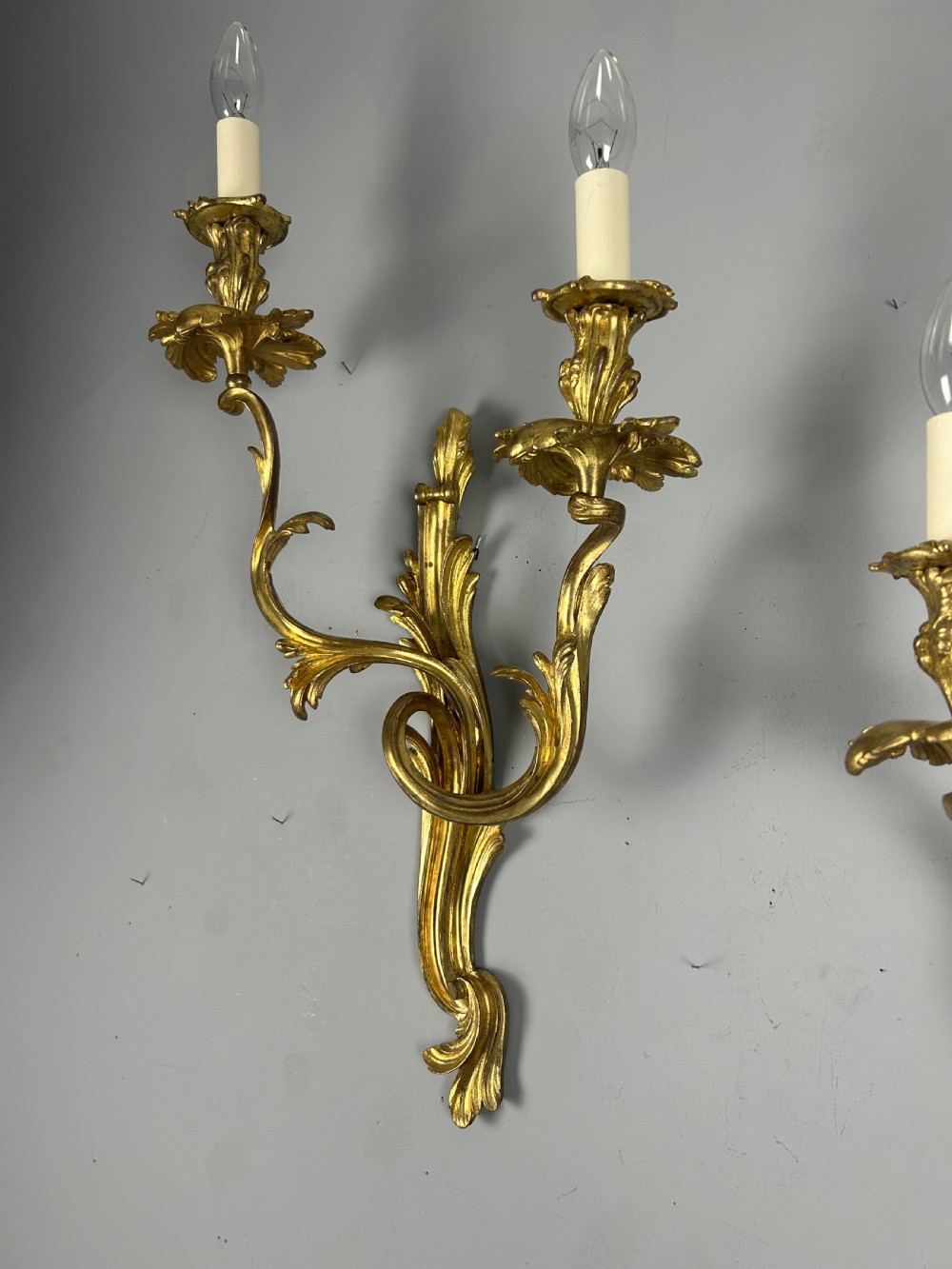 Extra Large Pair of French Gilt Brass Twin Light Antique Wall Lights  View III