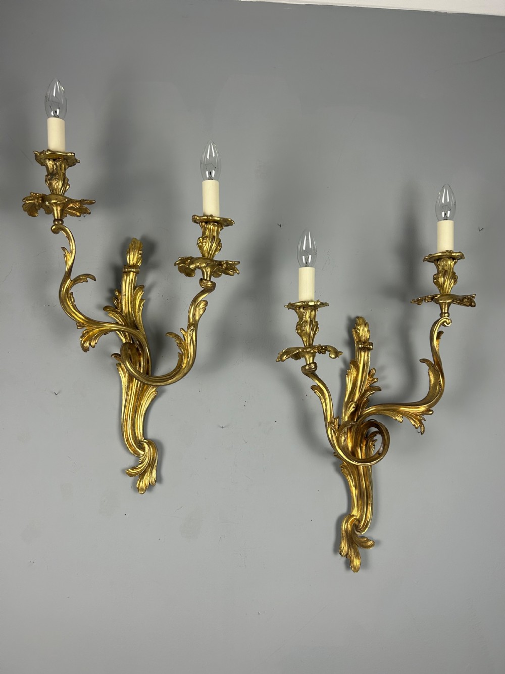 Extra Large Pair of French Gilt Brass Twin Light Antique Wall Lights  View V