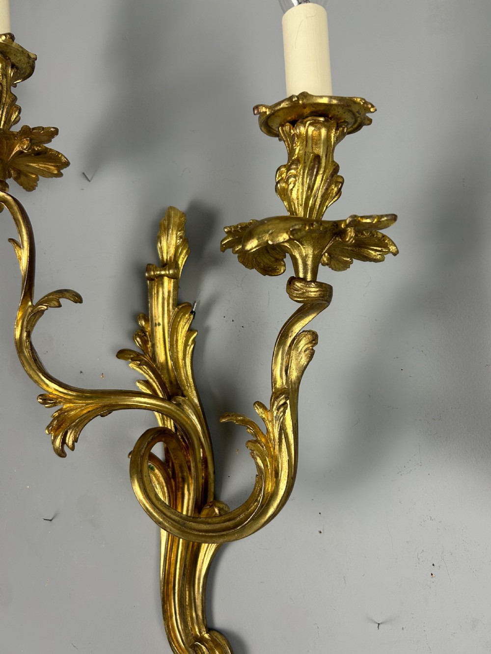 Extra Large Pair of French Gilt Brass Twin Light Antique Wall Lights  View VIII