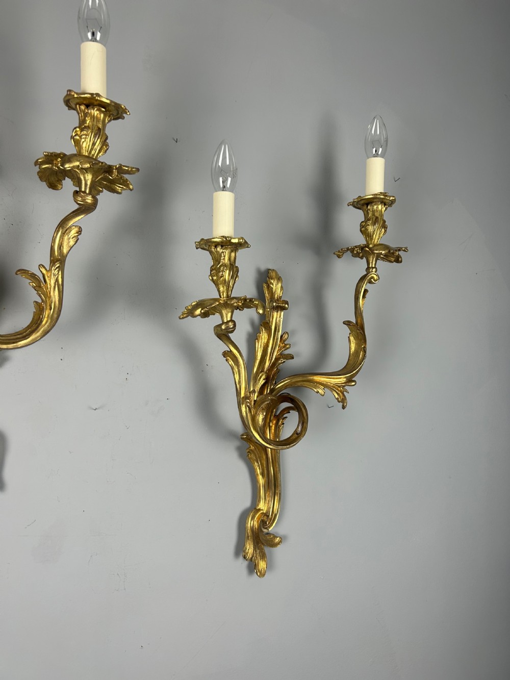 Extra Large Pair of French Gilt Brass Twin Light Antique Wall Lights  View IX