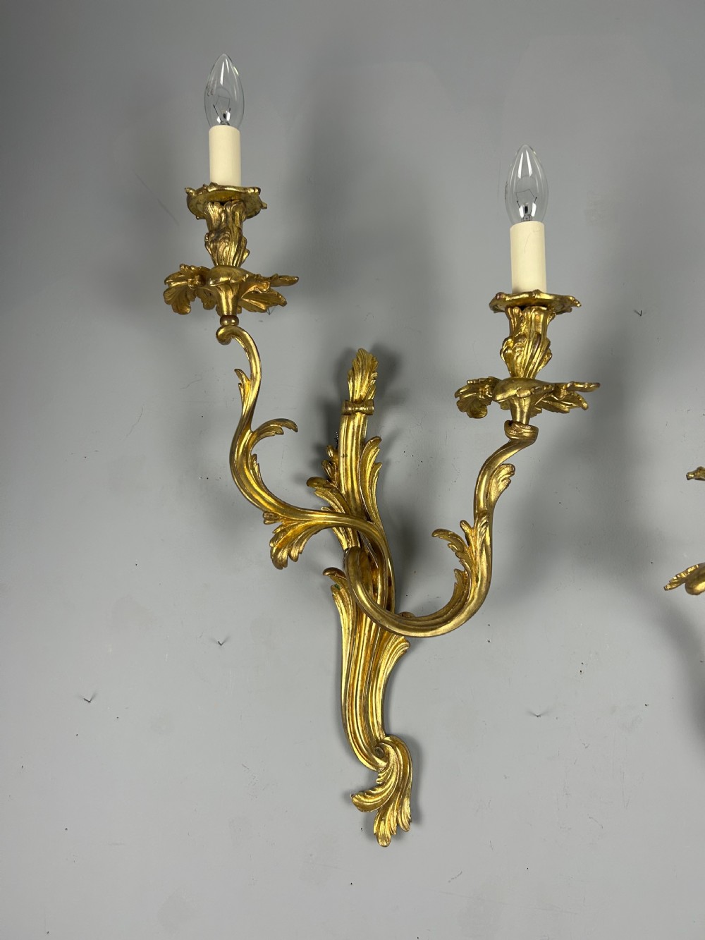 Extra Large Pair of French Gilt Brass Twin Light Antique Wall Lights  View X