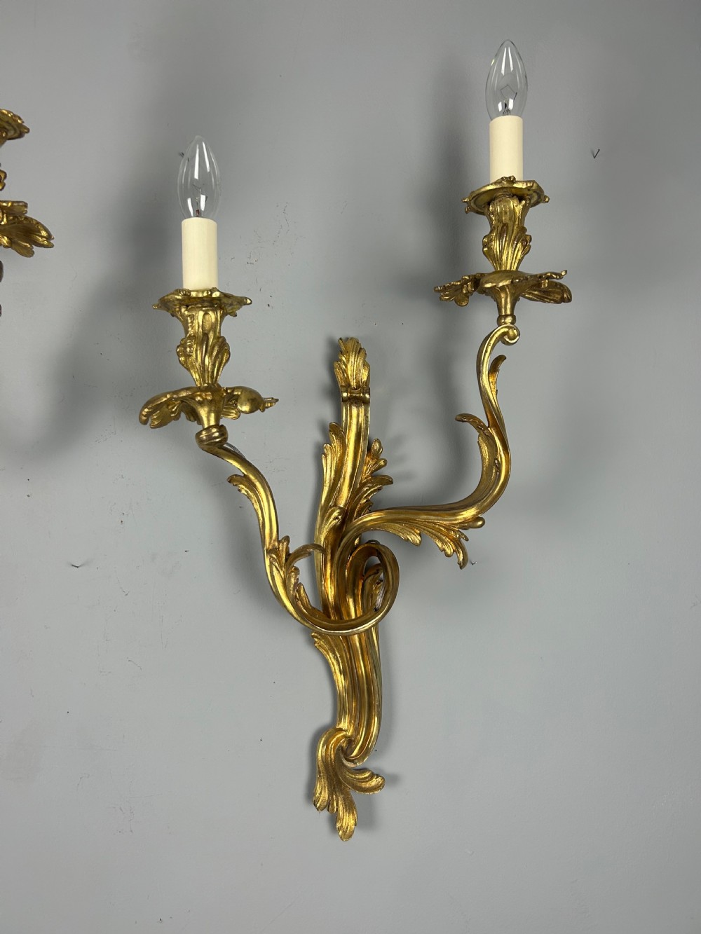 Extra Large Pair of French Gilt Brass Twin Light Antique Wall Lights  View XI