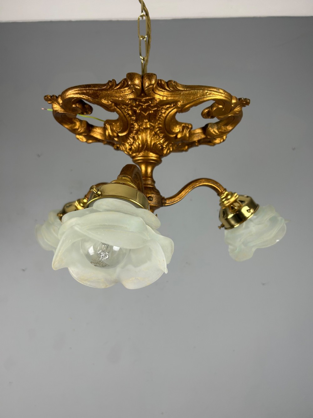 French Gilt Bronze 3 Light Antique Chandelier, Ceiling Light, Original Shades