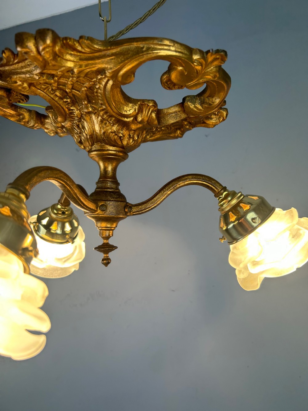 French Gilt Bronze 3 Light Antique Chandelier, Ceiling Light, Original Shades View II