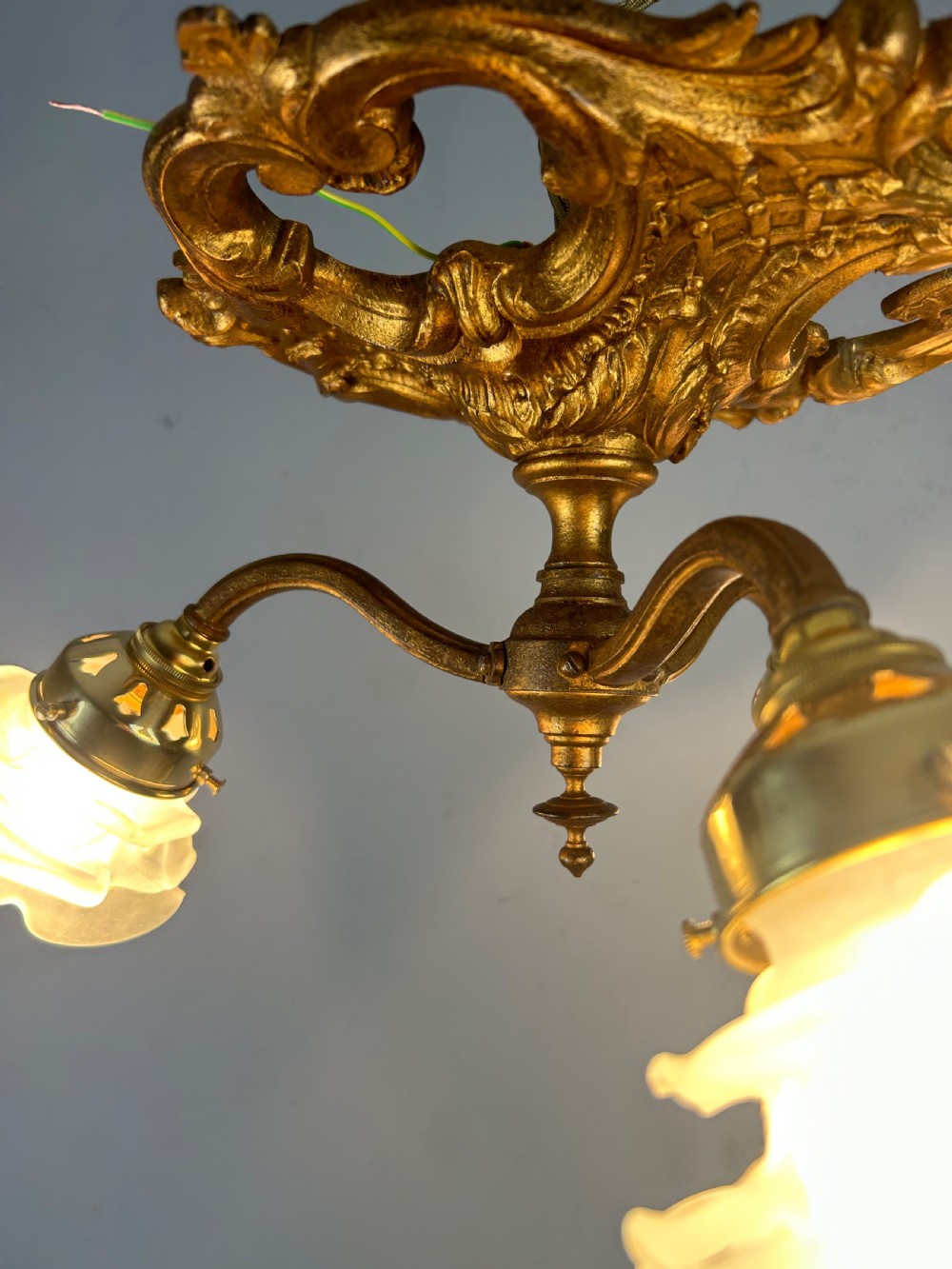 French Gilt Bronze 3 Light Antique Chandelier, Ceiling Light, Original Shades View III