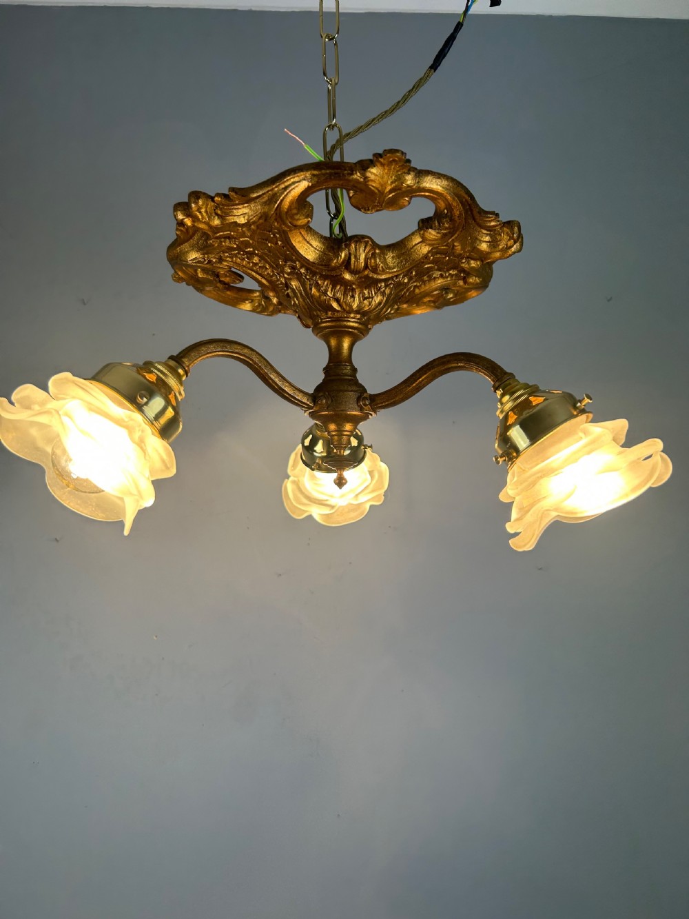 French Gilt Bronze 3 Light Antique Chandelier, Ceiling Light, Original Shades View IV