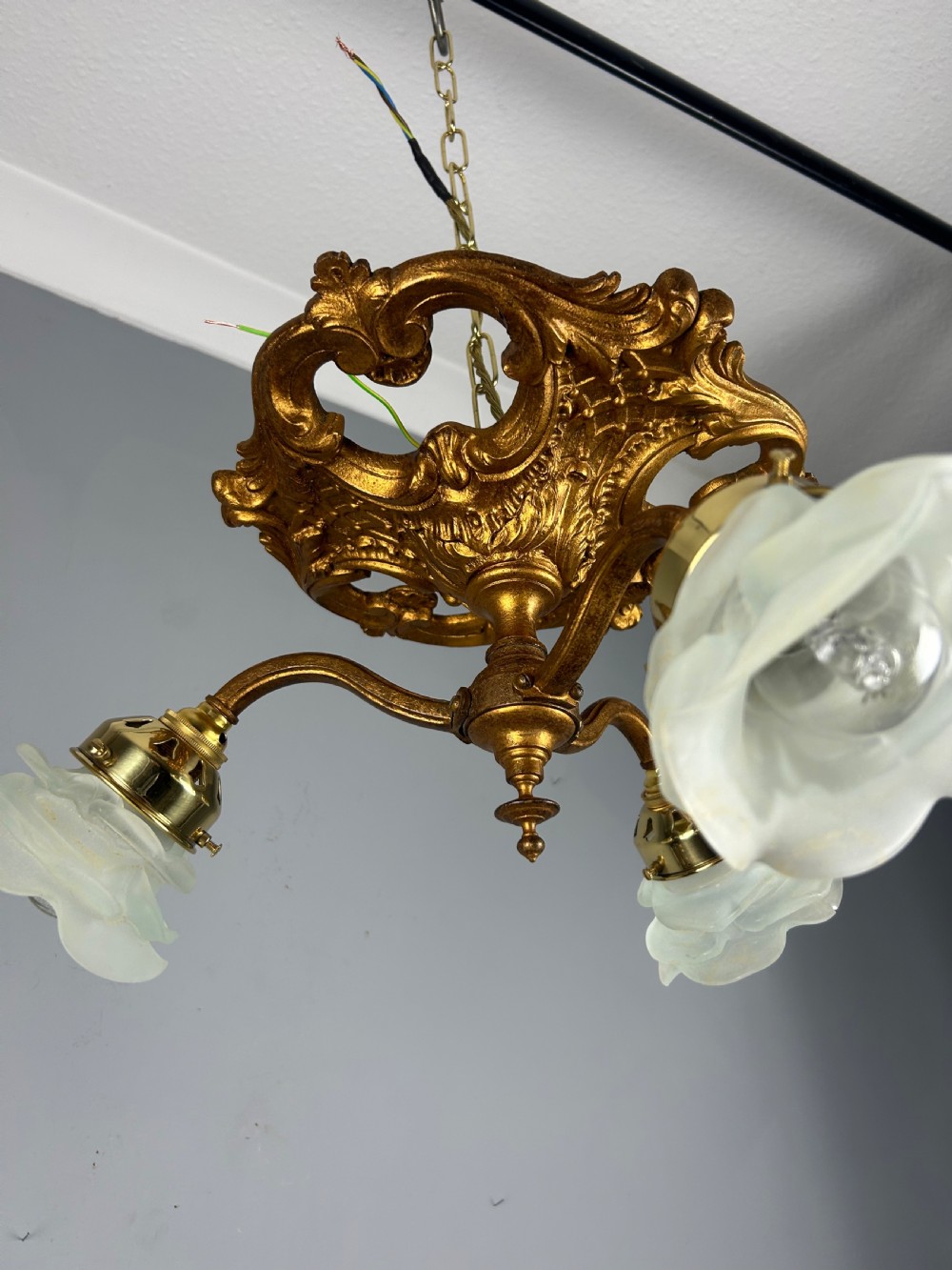 French Gilt Bronze 3 Light Antique Chandelier, Ceiling Light, Original Shades View V