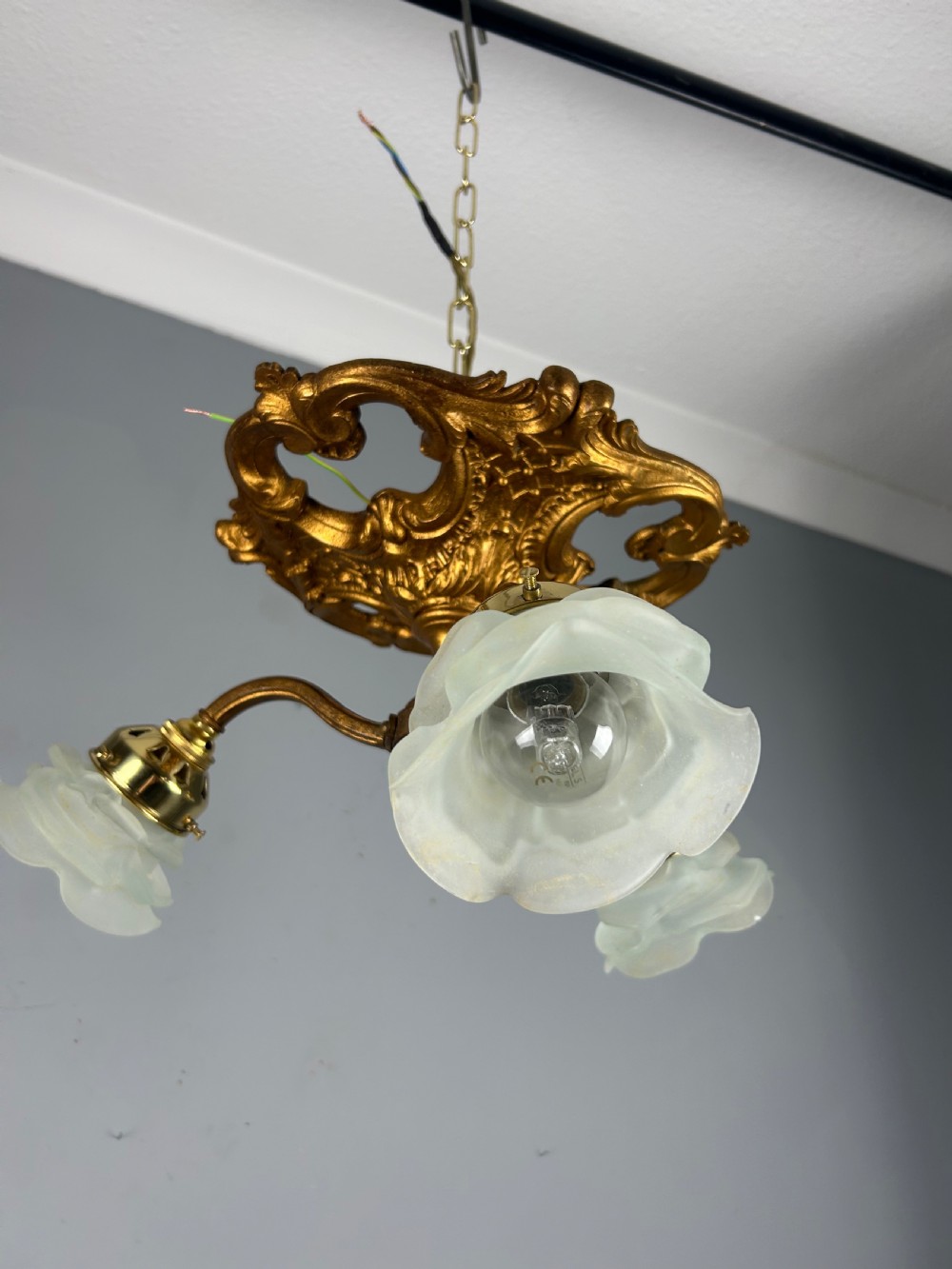 French Gilt Bronze 3 Light Antique Chandelier, Ceiling Light, Original Shades View VI