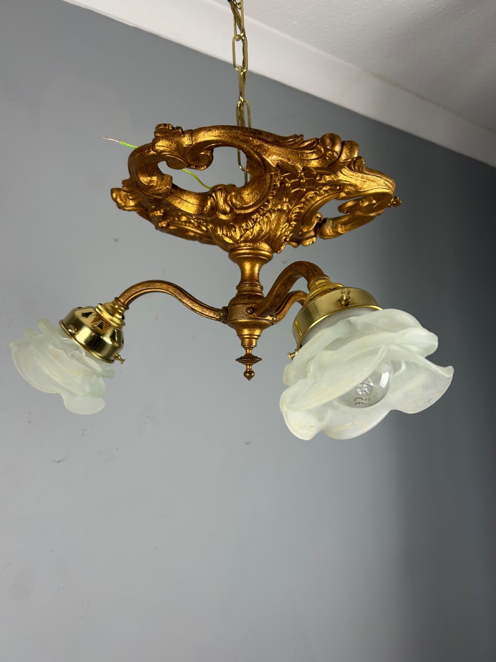 French Gilt Bronze 3 Light Antique Chandelier, Ceiling Light, Original Shades View VII
