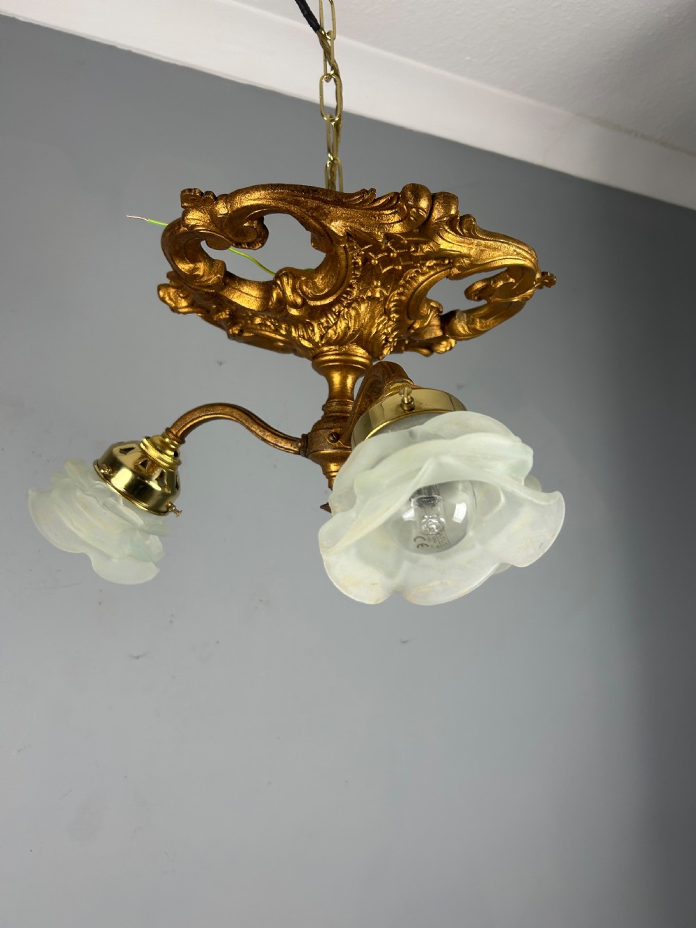 French Gilt Bronze 3 Light Antique Chandelier, Ceiling Light, Original Shades View VIII