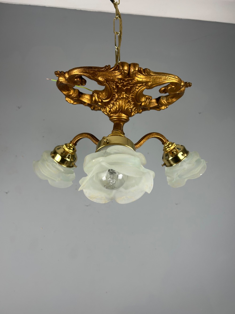 French Gilt Bronze 3 Light Antique Chandelier, Ceiling Light, Original Shades View IX