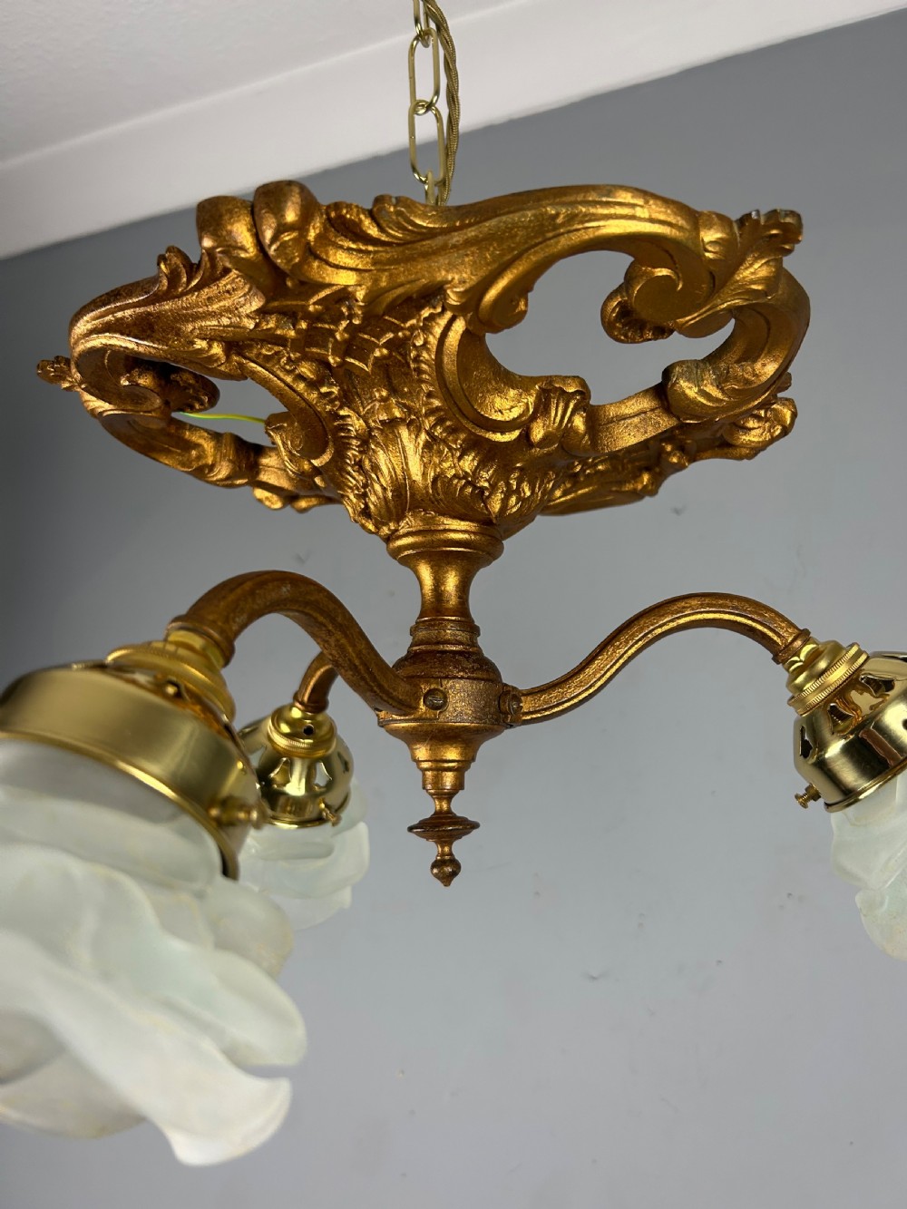 French Gilt Bronze 3 Light Antique Chandelier, Ceiling Light, Original Shades View X