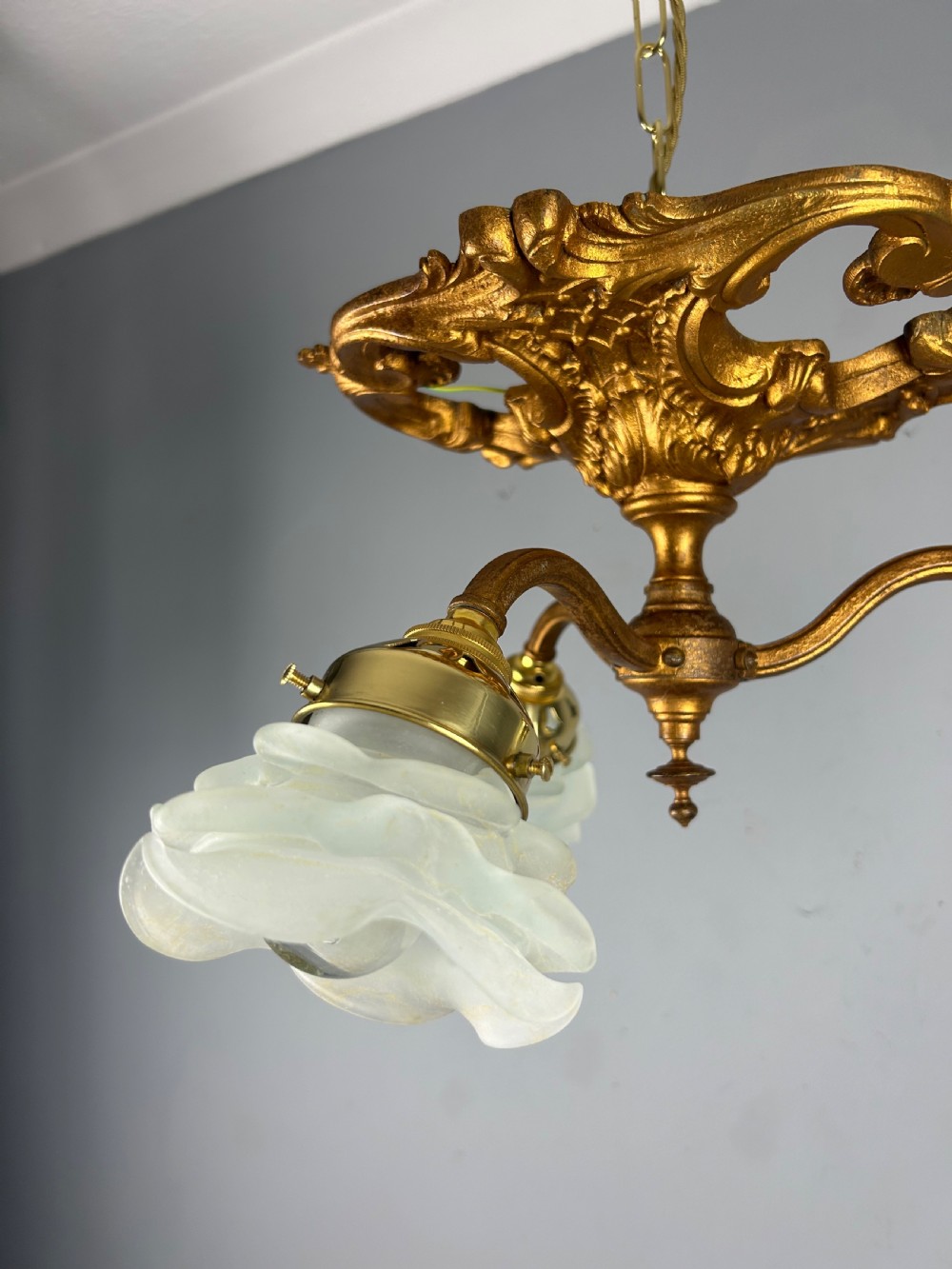 French Gilt Bronze 3 Light Antique Chandelier, Ceiling Light, Original Shades View XI